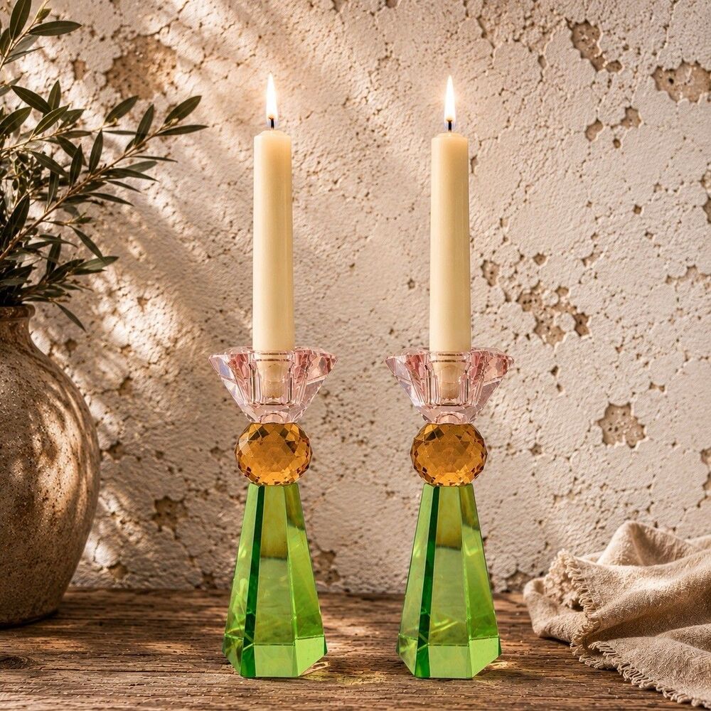 ALDI Kirkton House Glass Candle Holders Set of 2‎ Green Pink Faceted Sparkle